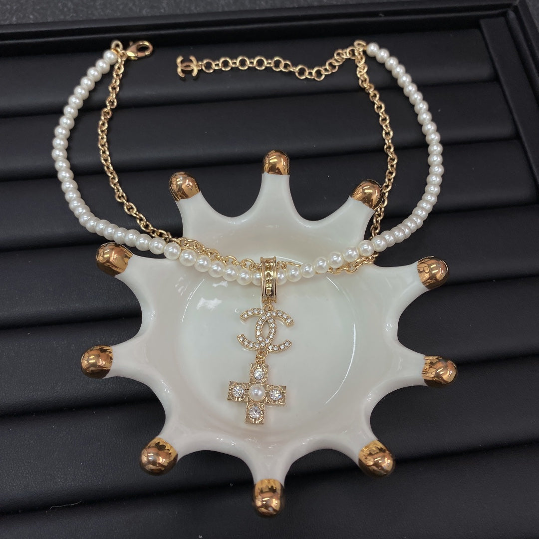 18K  Chanel Cross Diamond Pearl Chain Necklace